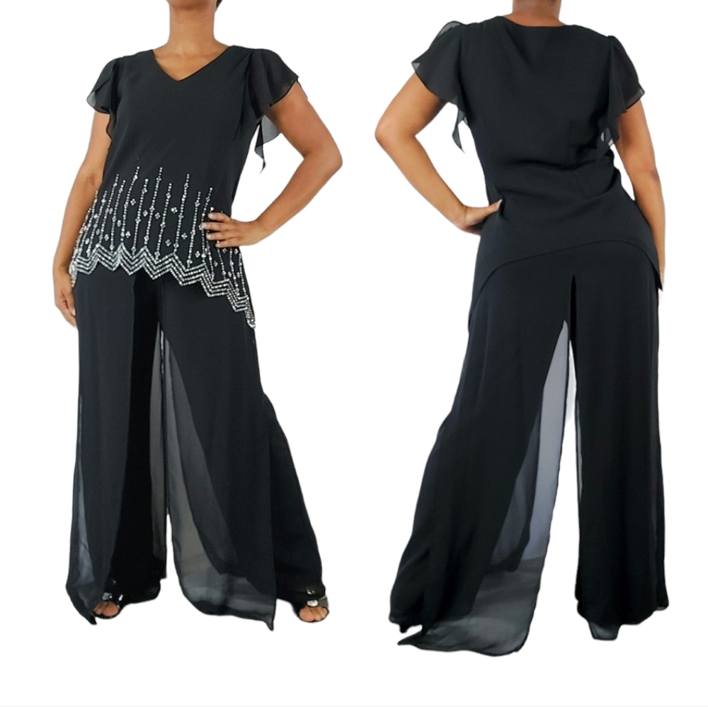 Metaphor Black Rhinestone Studded Two Piece Palazzo Pants Set